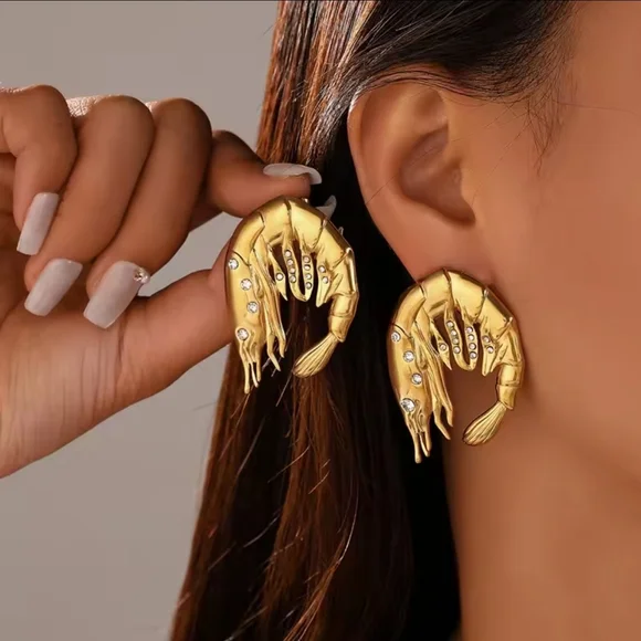 Gold Shrimp Earrings with Silver Accents - Picture 3 of 6